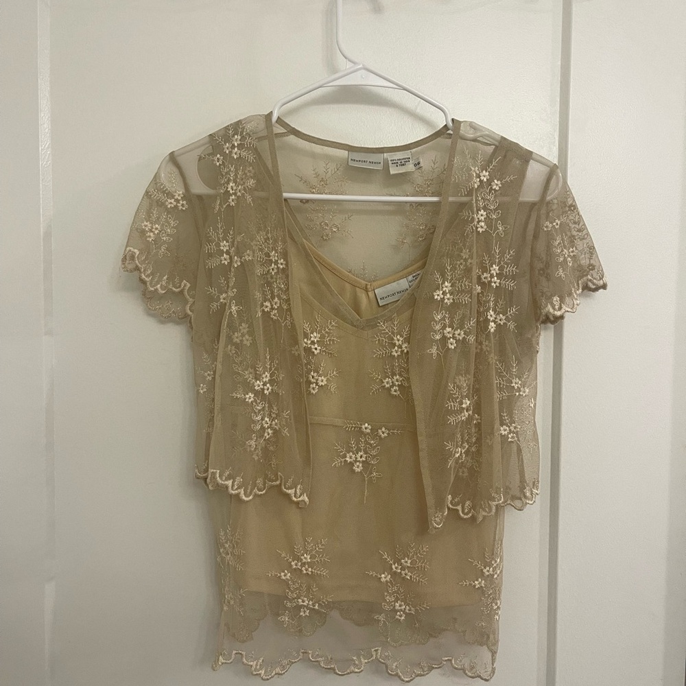 Vintage Lace Sheer Fairycore Boho Tan Floral Lace Blouse - Picture 3 of 8